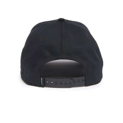 The Farm Alpha Dog 100 black baseball cap shown from the back, featuring an adjustable snapback closure and two stitched eyelets on each side. All Sales Final.