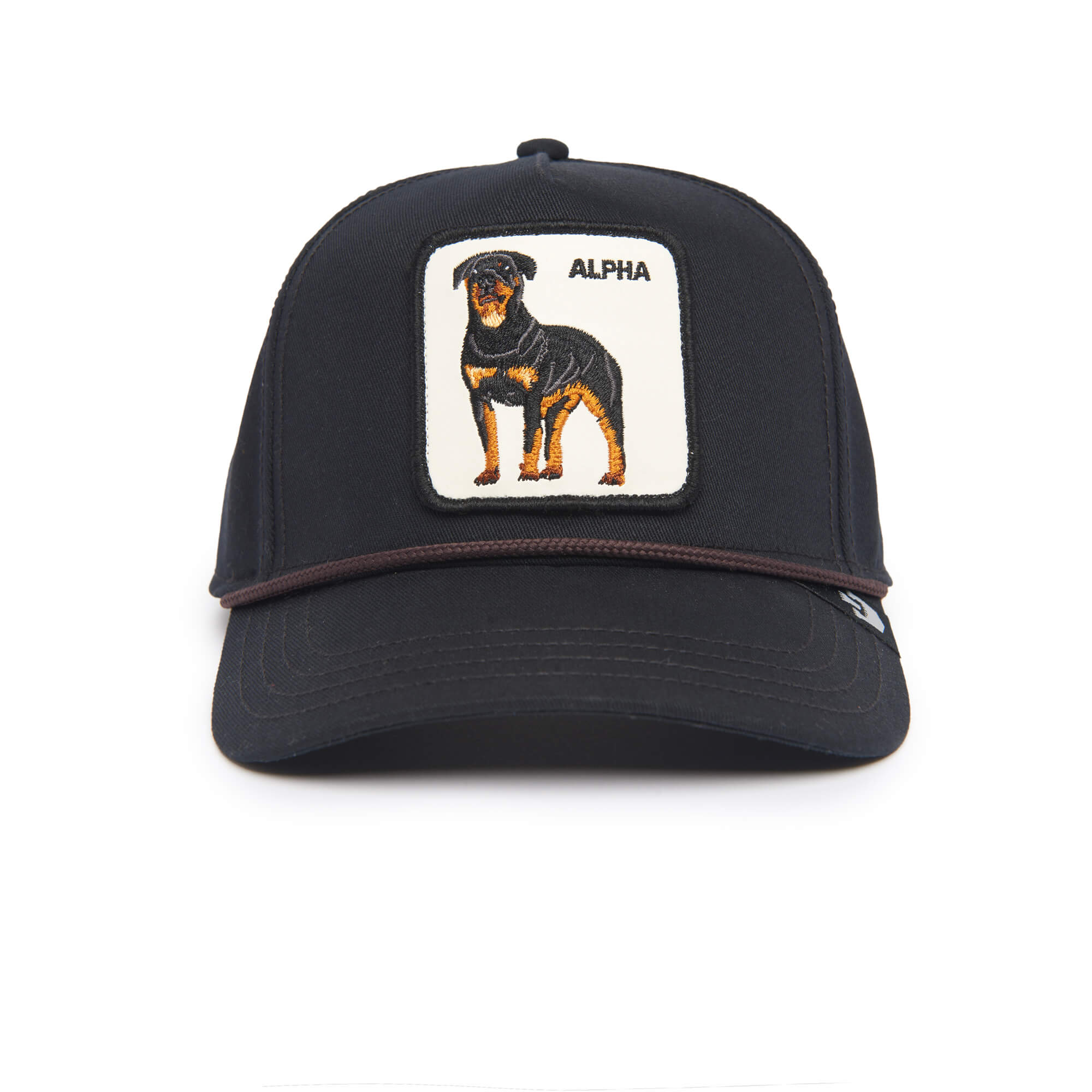 The Farm's Alpha Dog 100 is a black baseball cap with an embroidered Rottweiler patch and "ALPHA" above the dog, shown on a white background. All sales are final.