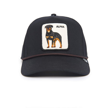 The Farm's Alpha Dog 100 is a black baseball cap with an embroidered Rottweiler patch and "ALPHA" above the dog, shown on a white background. All sales are final.