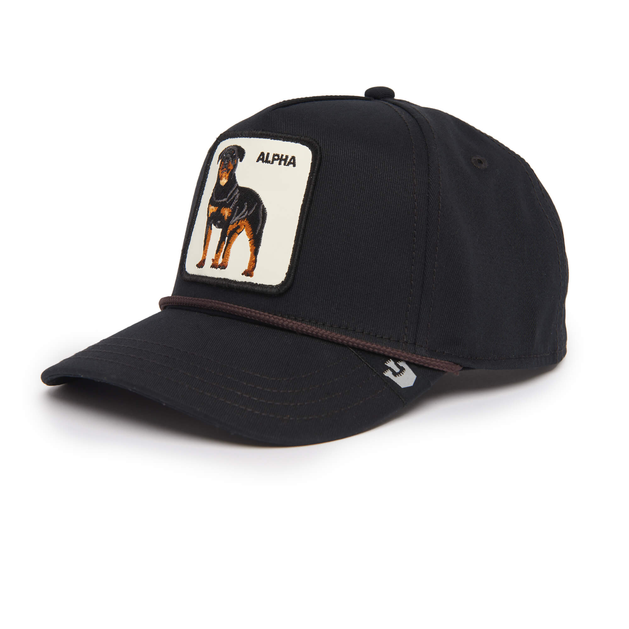 The Farm's Alpha Dog 100 is a black baseball cap with a Rottweiler patch and "ALPHA" above it. All sales final.