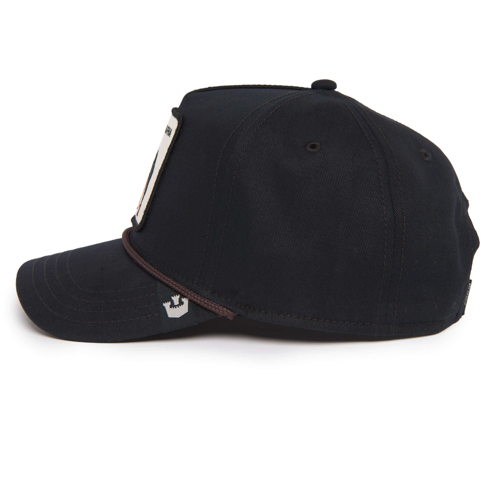 The Farm Alpha Dog 100 black baseball cap with flat brim, side view, showing a small white patch on the brim and visible crown seam detail. All Sales Final.