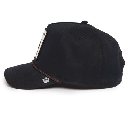 The Farm Alpha Dog 100 black baseball cap with flat brim, side view, showing a small white patch on the brim and visible crown seam detail. All Sales Final.