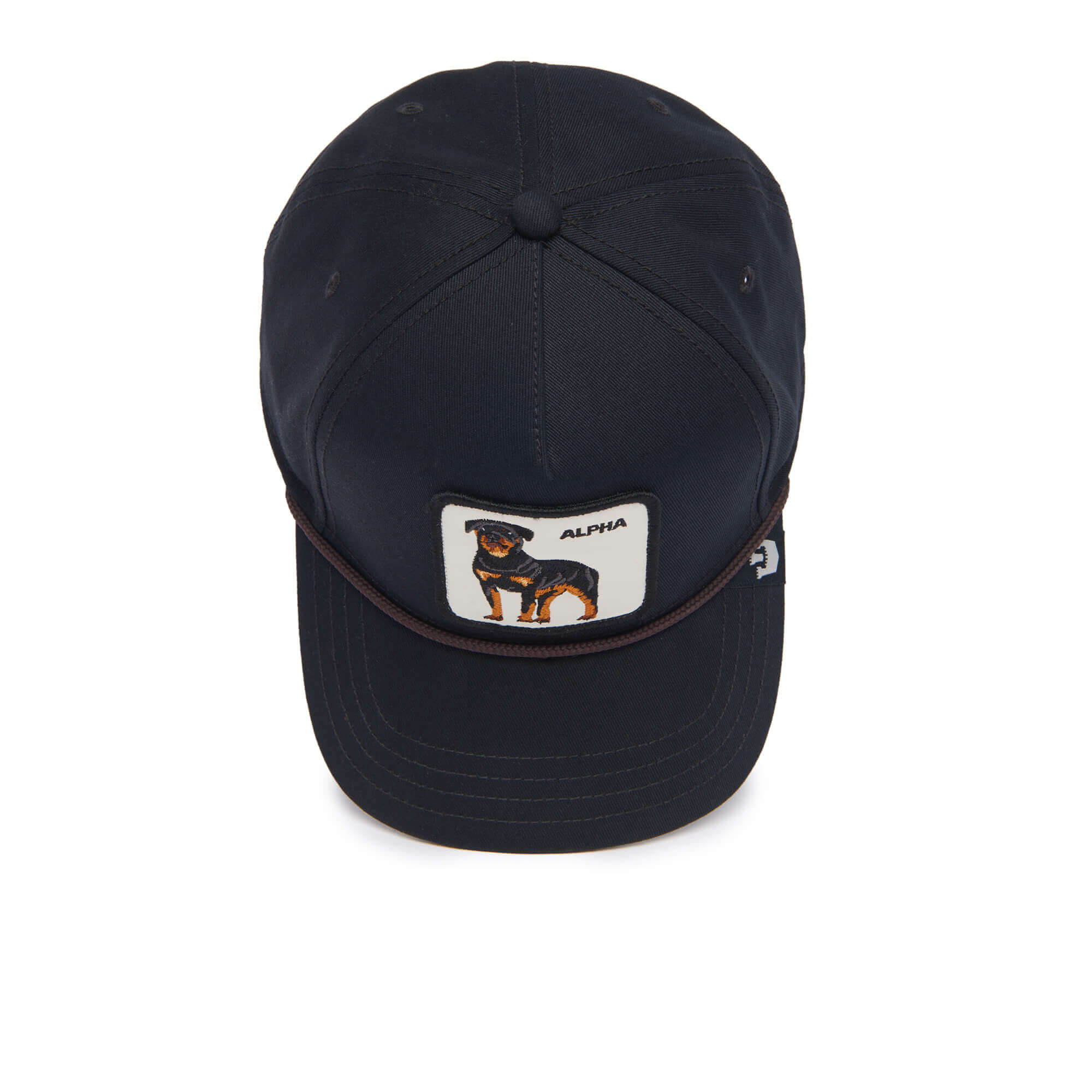 A black baseball cap from The Farm, the Alpha Dog 100, features a front patch with a dog illustration and "ALPHA." All sales are final.