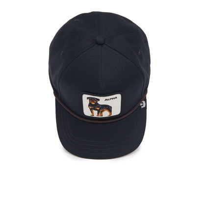 A black baseball cap from The Farm, the Alpha Dog 100, features a front patch with a dog illustration and "ALPHA." All sales are final.