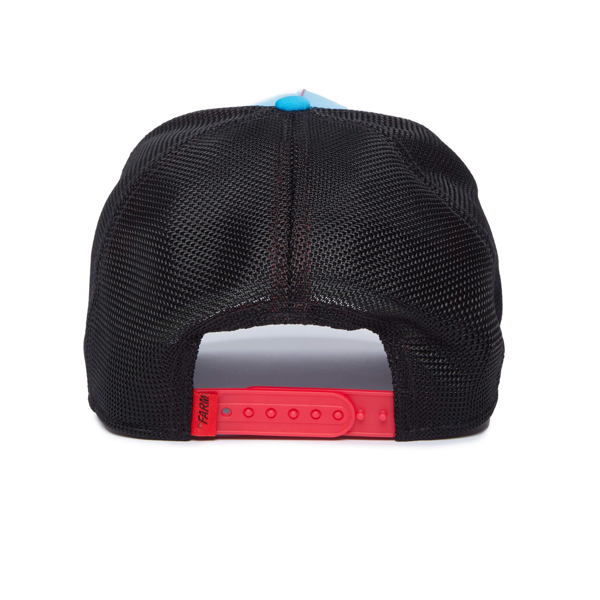 Back view of The Farm V3N0M black mesh trucker hat, featuring a red adjustable snapback closure, small blue top button, and an All Sales Final policy.