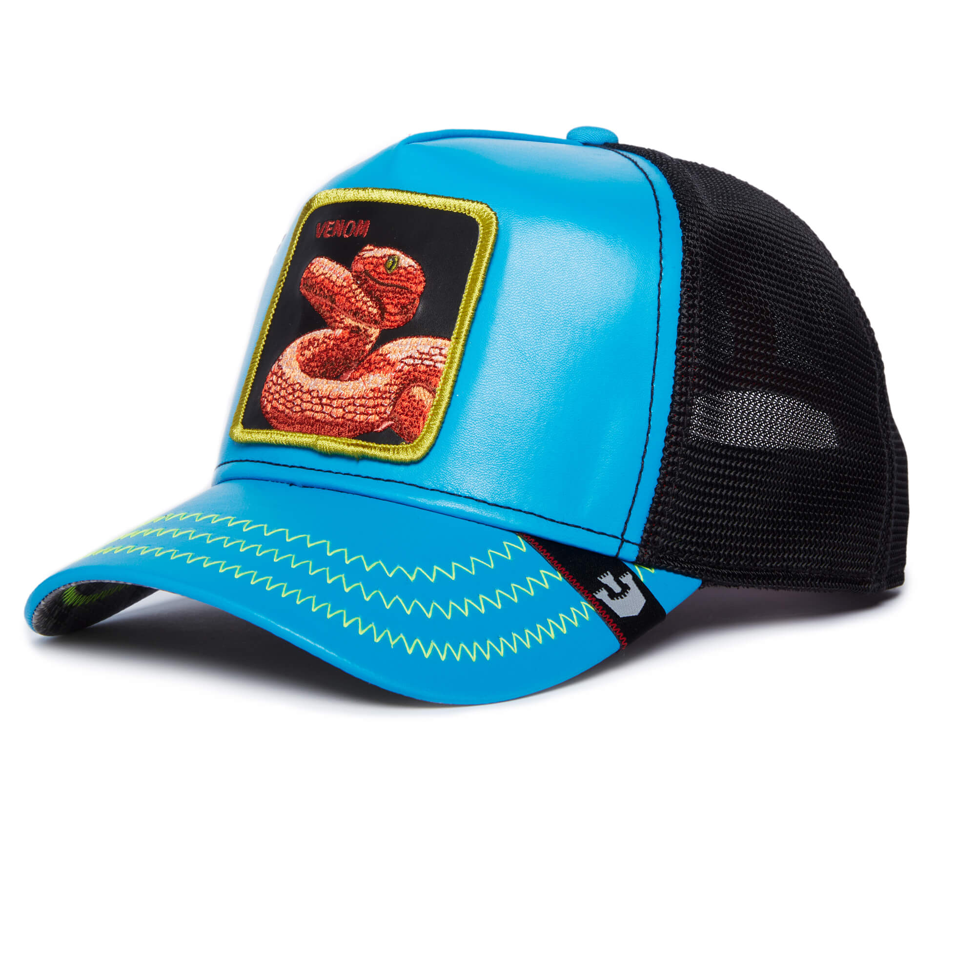 A blue and black mesh trucker hat by The Farm, featuring a front patch with a red snake and "V3N0M". All sales are final.