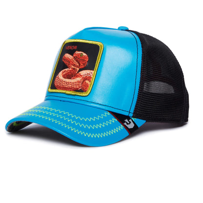 A blue and black mesh trucker hat by The Farm, featuring a front patch with a red snake and "V3N0M". All sales are final.