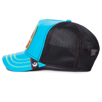 The Farm V3N0M blue and black mesh trucker hat features decorative brim stitching and a front patch, shown in a side profile view. All sales are final.