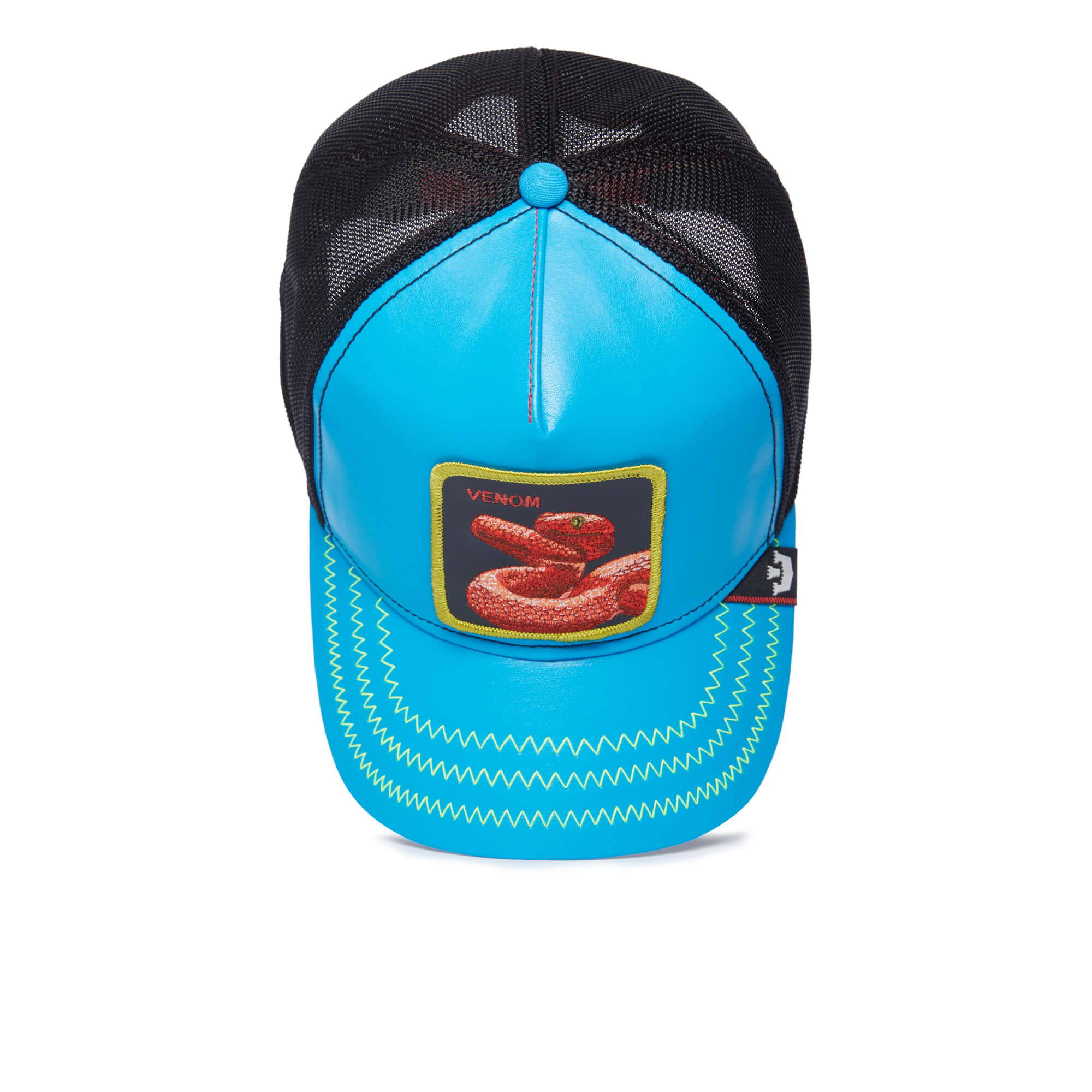 The Farm V3N0M: A blue and black trucker hat with a patch showing a red snake and "VENOM" above it, plus white zigzag stitching on the brim. All sales are final.
