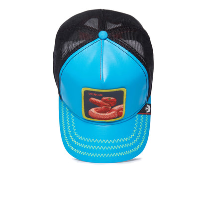 The Farm V3N0M: A blue and black trucker hat with a patch showing a red snake and "VENOM" above it, plus white zigzag stitching on the brim. All sales are final.