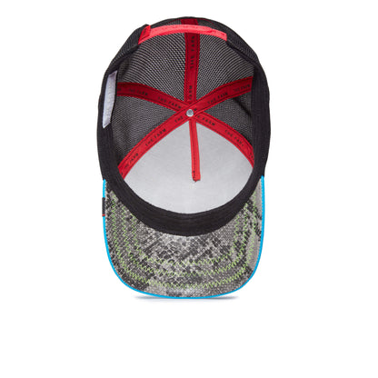 A top view of The Farm V3N0M trucker hat featuring a black mesh back, red interior seams, and a green, gray, and blue patterned brim. All sales are final.
