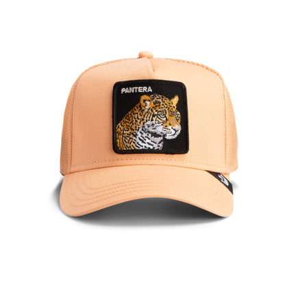 The Farm’s V2 Pantera is a peach-colored trucker hat with a mesh back and a front patch embroidered with a tiger head and “PANTERA.” All sales are final.