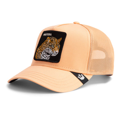 The Farm V2 Pantera cap: peach mesh trucker style with a front patch featuring an embroidered jaguar and "Pantera". All sales are final.
