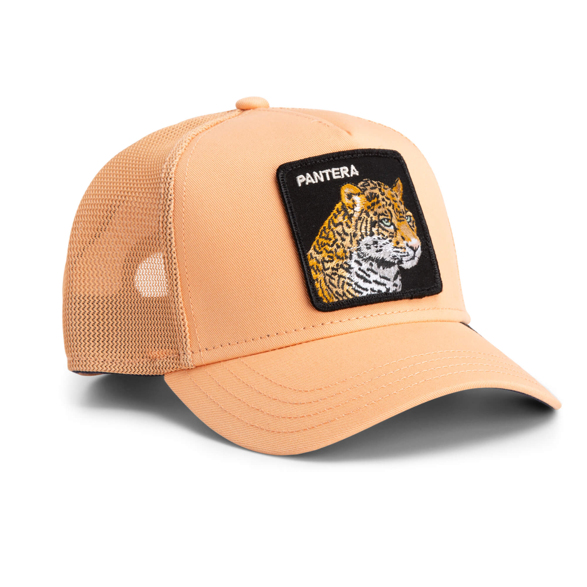 The Farm V2 Pantera is a light orange mesh trucker cap with a black-bordered patch, featuring an embroidered jaguar and "PANTERA" above it. All sales are final.