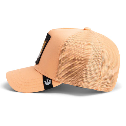 The Farm V2 Pantera is a peach mesh trucker cap with a black front patch and a small white crown logo tag on the side, shown from the left. All sales are final.