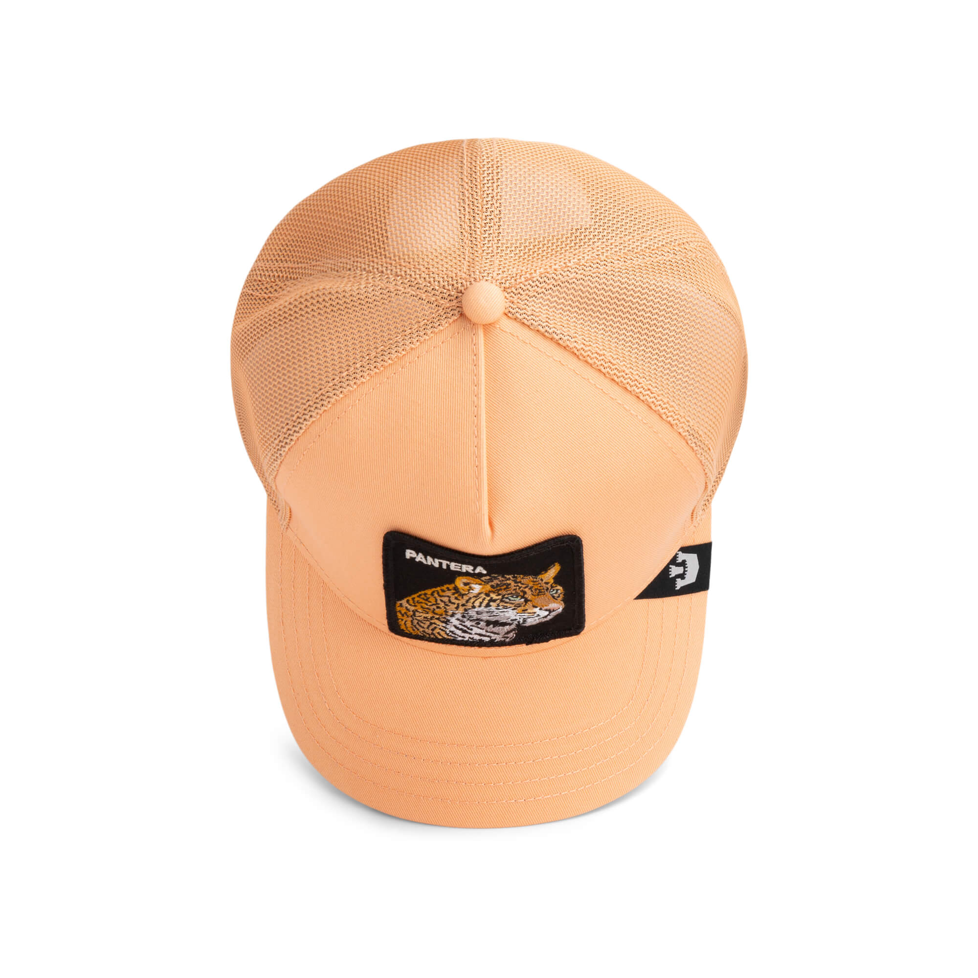 The Farm V2 Pantera is a peach mesh trucker cap with a Panthera tiger head patch on the front and a black adjustable strap at the back. All sales are final.