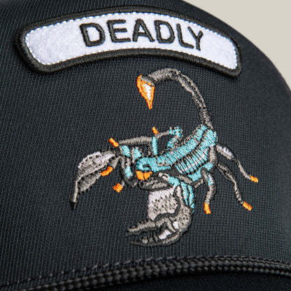Close-up of the Goorin Bros. GB2 Deadly Scorp black cap, showcasing an embroidered scorpion patch with a bold DEADLY patch above it on a matte black crown.
