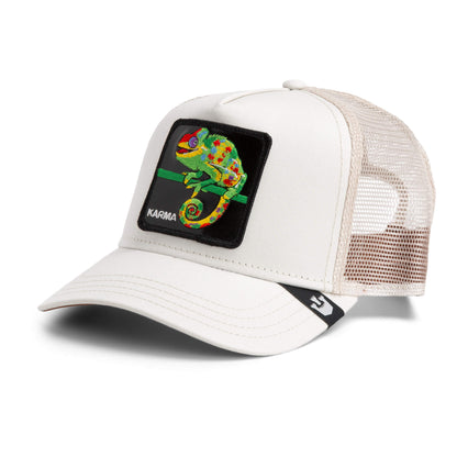 The Farm’s Karma Chameleon is a beige mesh trucker hat featuring a vibrant chameleon patch labeled "Karma Chameleon" on the front, bringing good vibes.