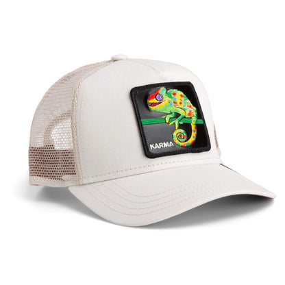 The Farm's "The Karma Chameleon" is a beige mesh-back trucker hat with a colorful chameleon patch and KARMA CHAMELEON on the front—a stylish way to spread good vibes wherever you go.