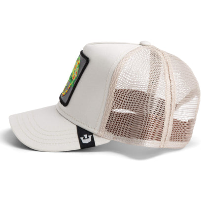 The Farm's Karma Chameleon is a beige and white mesh trucker hat with a curved brim and a rectangular front patch, adding good karma to your everyday style.