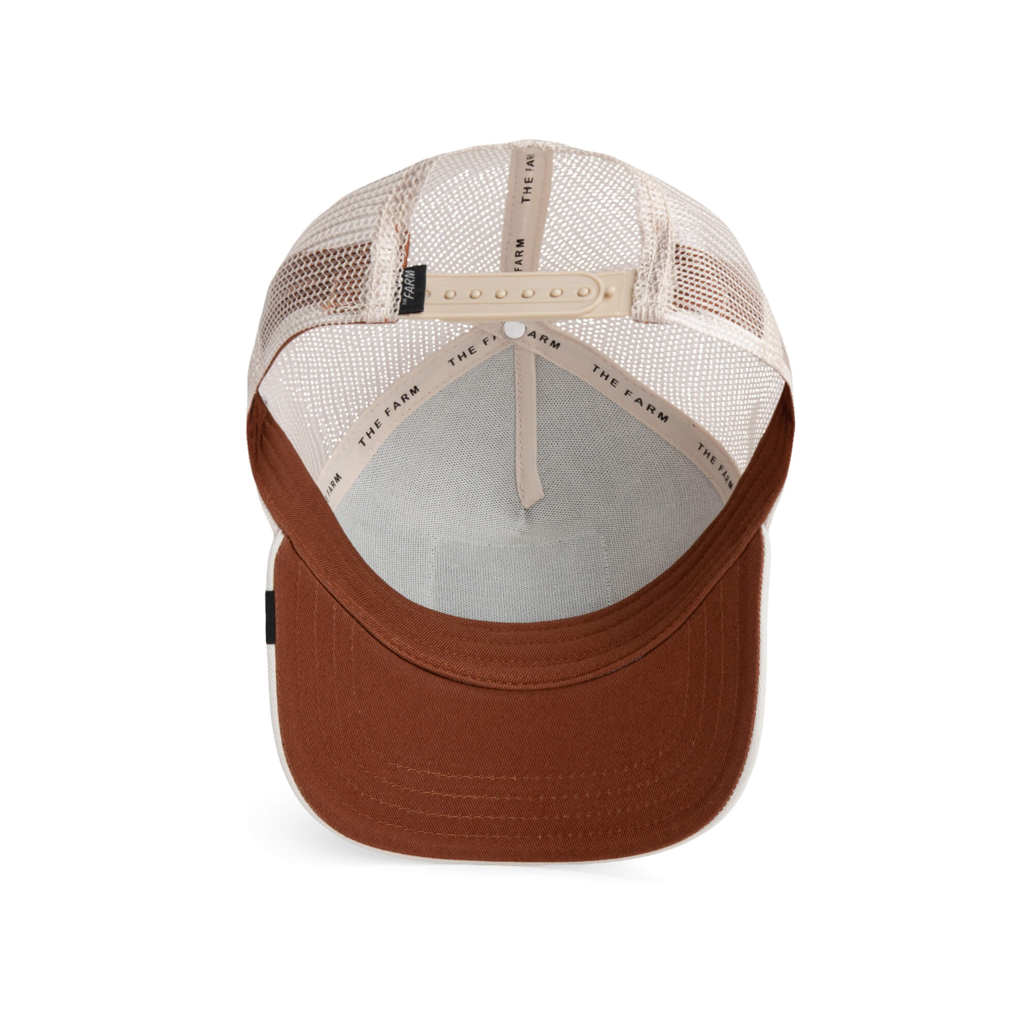 The Farm’s Karma Chameleon is a brown and beige mesh trucker cap, pictured from above with an adjustable strap and branded rear sweatband—a vibrant accessory to elevate your casual style.