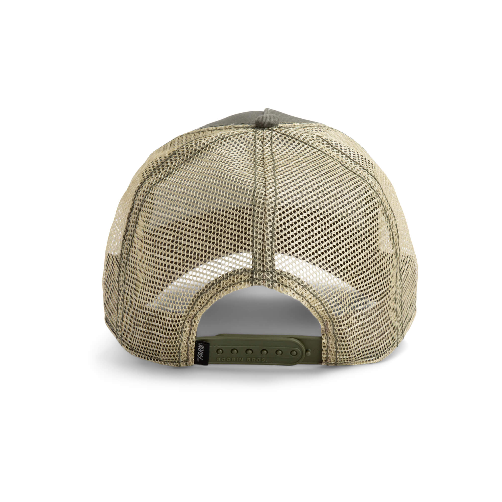 Back view of The Farm's "The Karma Chameleon" khaki mesh trucker hat featuring a vibrant green adjustable snapback, perfect for radiating good karma vibes.