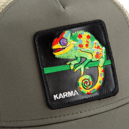 Close-up of The Farm's The Karma Chameleon cap in khaki, featuring a colorful chameleon patch with “Karma Chameleon” embroidered beneath.