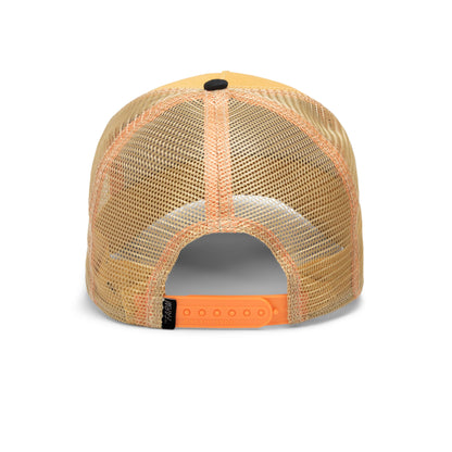 Back view of The Farm’s The Dead Skull yellow mesh trucker hat featuring an orange adjustable snapback closure. All sales are final.