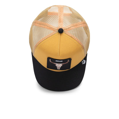 The Farm's The Dead Skull is a yellow and black trucker hat with a mesh back and a front patch featuring a steer skull and the word DEAD. All sales are final.