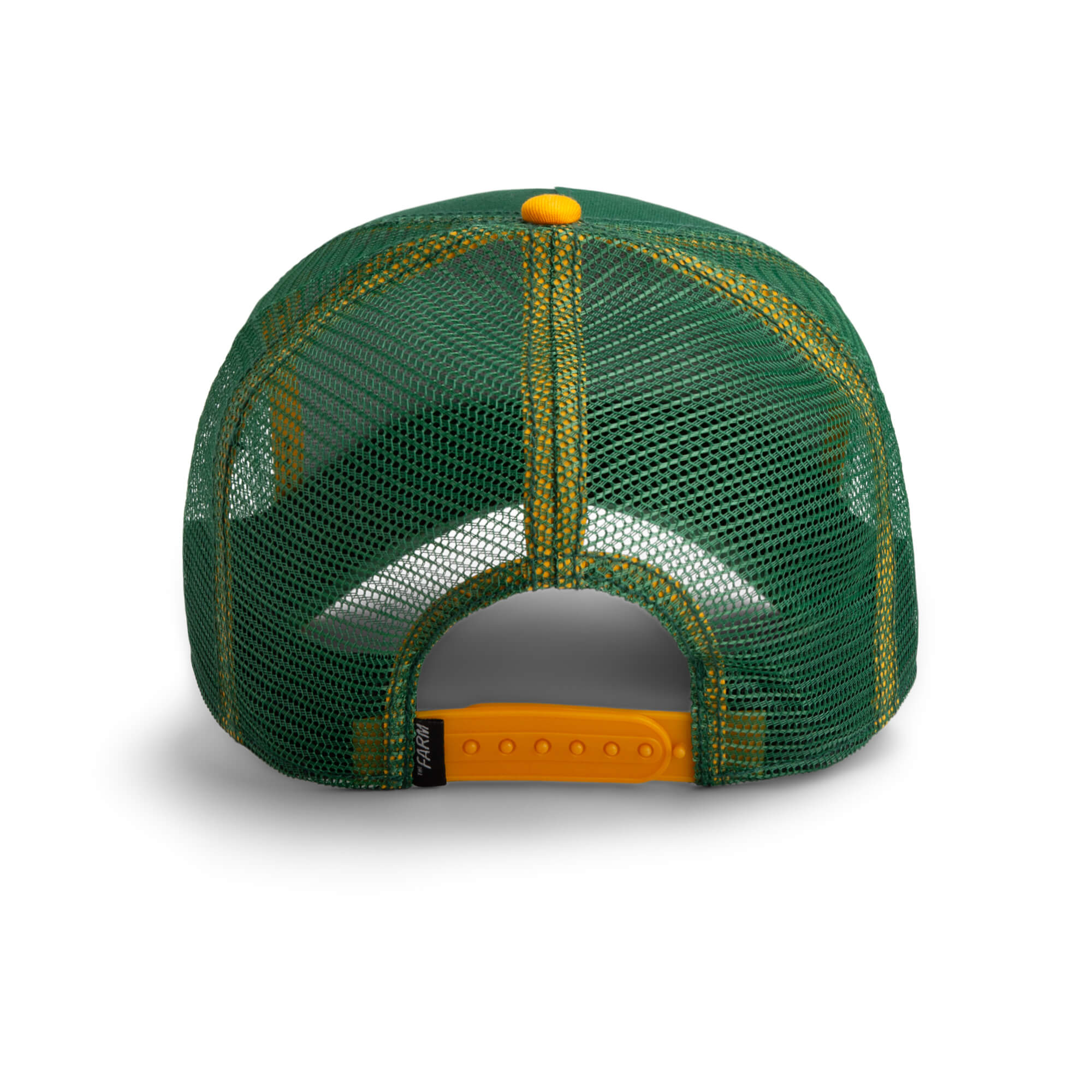 The Farm’s The Oh Snap Alligator: green mesh baseball cap shown from the back, with yellow stitching, a yellow snapback closure, and a small black fabric tag on the adjustable strap. All sales final.