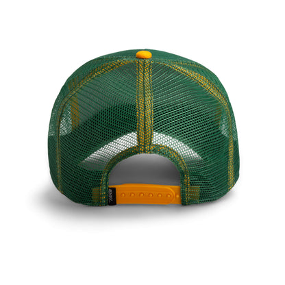 The Farm’s The Oh Snap Alligator: green mesh baseball cap shown from the back, with yellow stitching, a yellow snapback closure, and a small black fabric tag on the adjustable strap. All sales final.