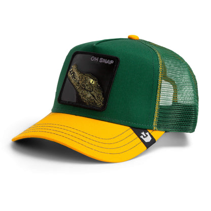 The Farm’s Oh Snap Alligator cap is green and yellow with a mesh back and front patch showing an alligator head and “OH SNAP.” All sales are final.