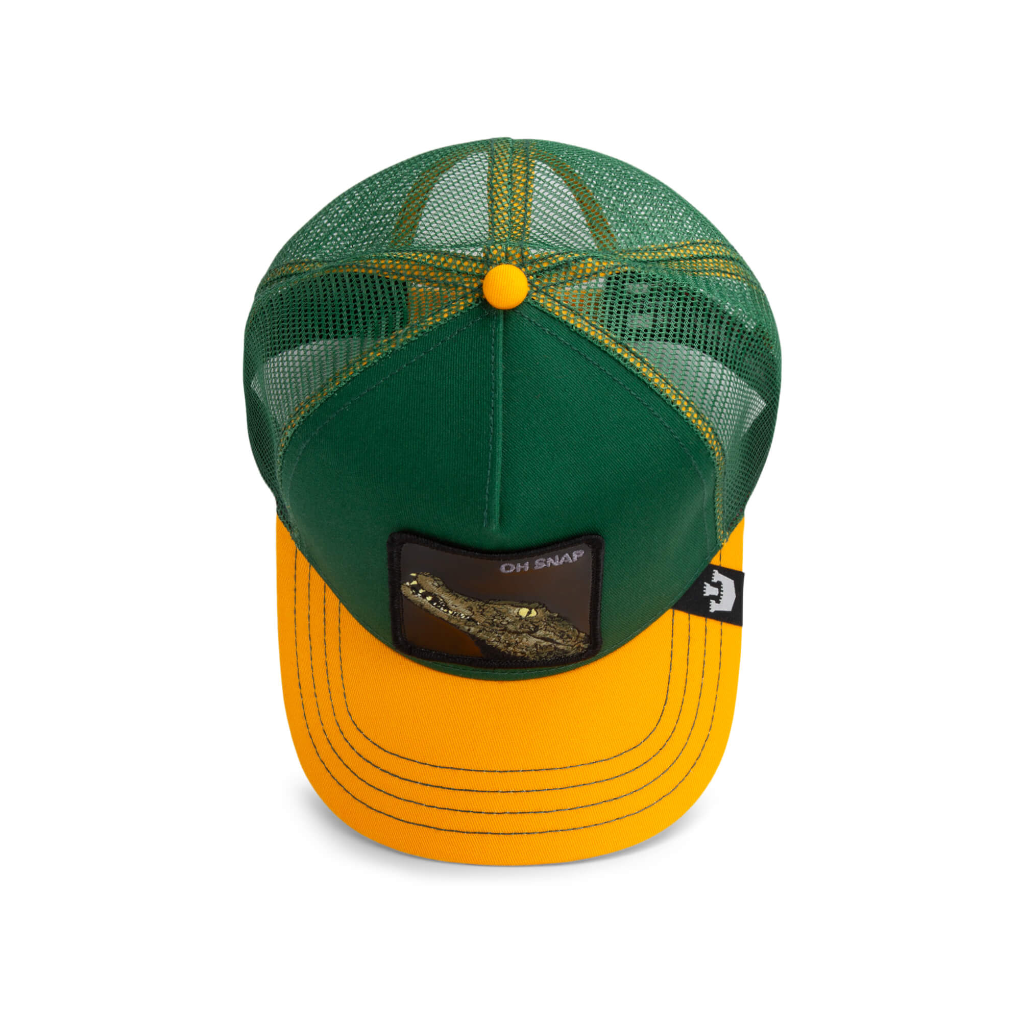 The Farm’s Oh Snap Alligator trucker hat features green and yellow colors, a mesh back, yellow brim, and an embroidered alligator patch labeled OH SNAP. Please note: all sales are final.