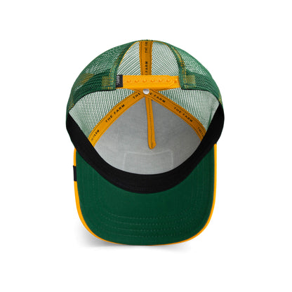 The Oh Snap Alligator by The Farm: green and yellow trucker hat viewed from above, featuring mesh back, adjustable snap closure, and interior sweatband with THE FARM text. All sales final.