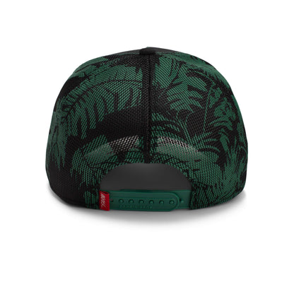 Back view of The Farm's Slash snapback cap in black and green with a leaf pattern, adjustable strap, and red tag. All sales final.