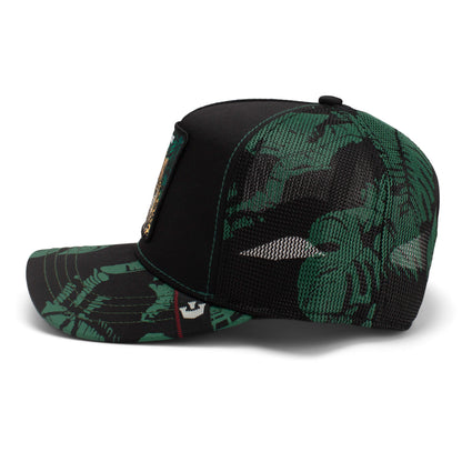 The Farm Slash cap features a black and green camouflage design with a mesh back, shown from the side. All Sales Final.
