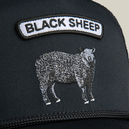 The Farm’s GB2 Black Sheep cap is a black hat with an embroidered "BLACK SHEEP" patch above a sheep image—ideal for custom mod culture fans and anyone proud to be the black sheep.