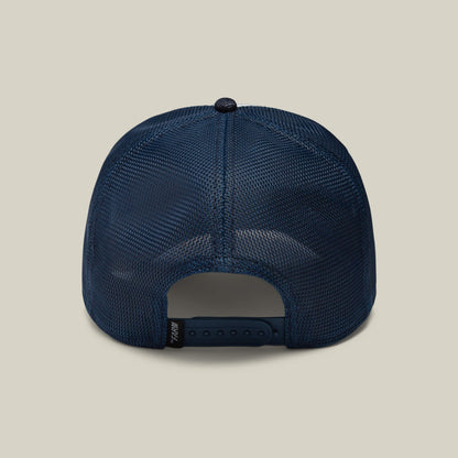 The Farm's "The Bandit Coyote" is a navy mesh baseball cap with an adjustable snapback, pictured from the back against a beige background—ideal for those with a wild spirit.