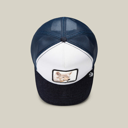 The Farm’s "The Bandit Coyote" is a blue and white trucker hat featuring a front patch with an illustrated coyote face—perfect for those with a wild spirit.