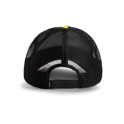 Back view of The Farm’s The Puff Puff Fish black mesh trucker hat with adjustable snapback and a small yellow top button. All sales final.