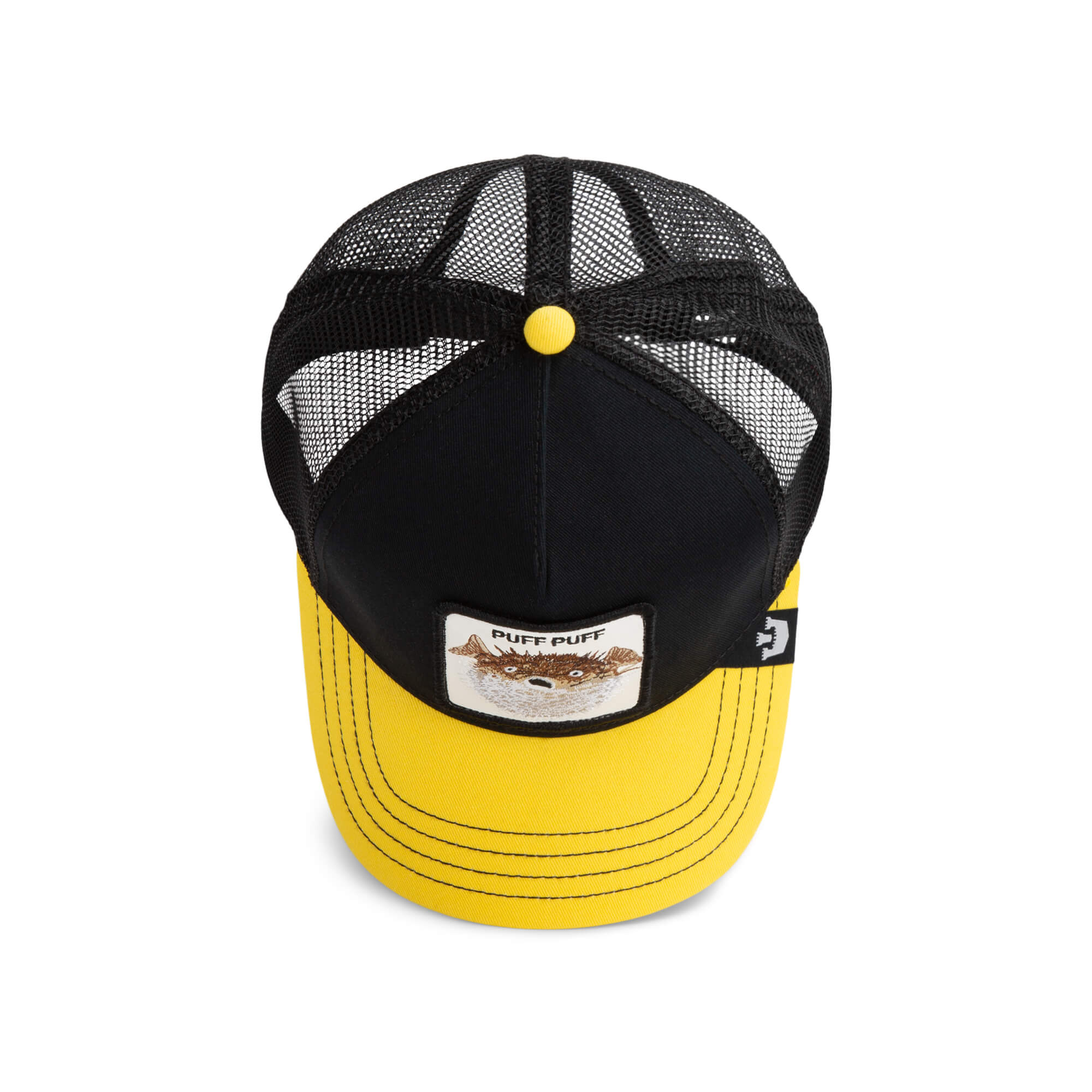 The Farm's "The Puff Puff Fish" is a black and yellow mesh trucker hat with a front patch showing a pufferfish and the words PUFF PUFF. All sales are final.