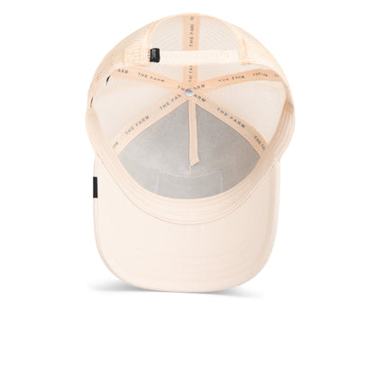 The Far Out Mirage baseball cap by Goorin Bros., from the Chroma Wave collection, features a beige mesh back, adjustable strap, visible internal structure, and THE FARM branding on the inner bands when viewed from above.