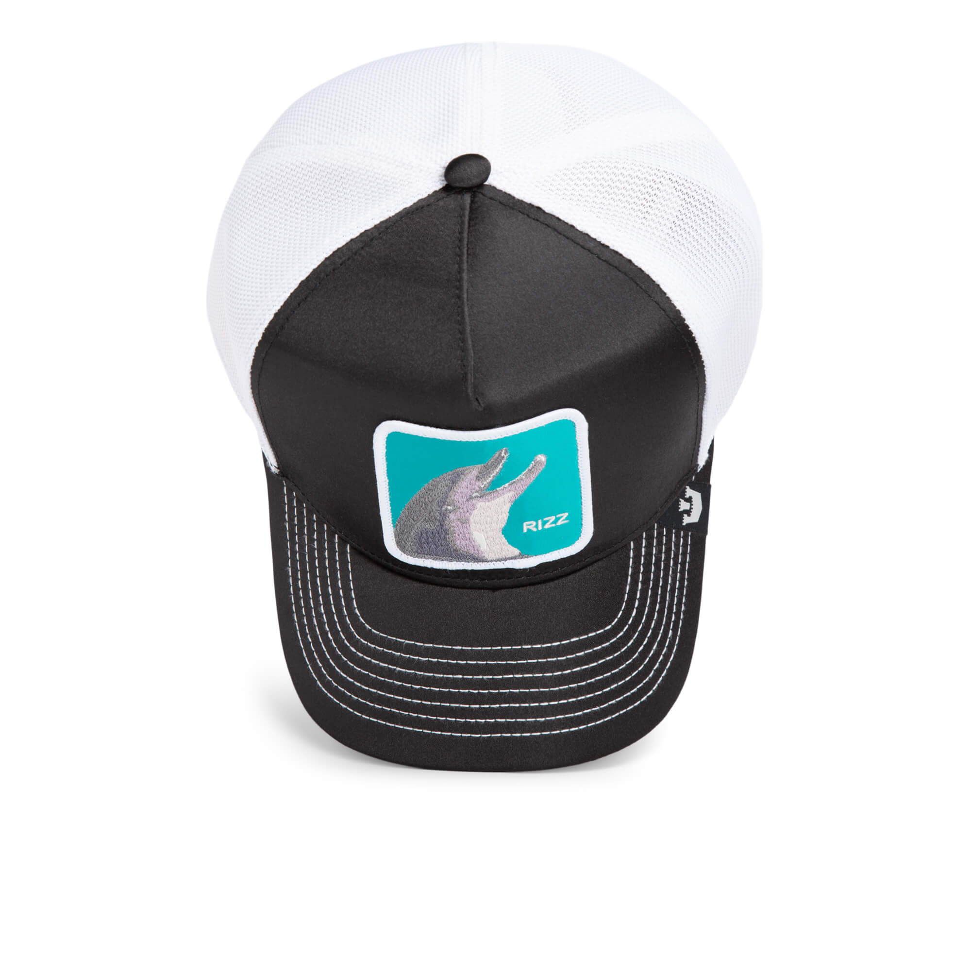 The Rizzky Bizznizz by Goorin Bros. is a black and white trucker hat with a mesh back and a front patch featuring a dolphin and the word RIZZ on turquoise, making it a bold statement piece.