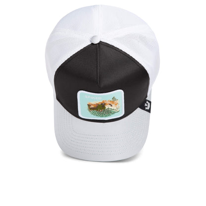 The Goorin Bros. "Get Blown" hat features a white mesh back, black brim, and an embroidered pufferfish patch on the front set against a light blue background.