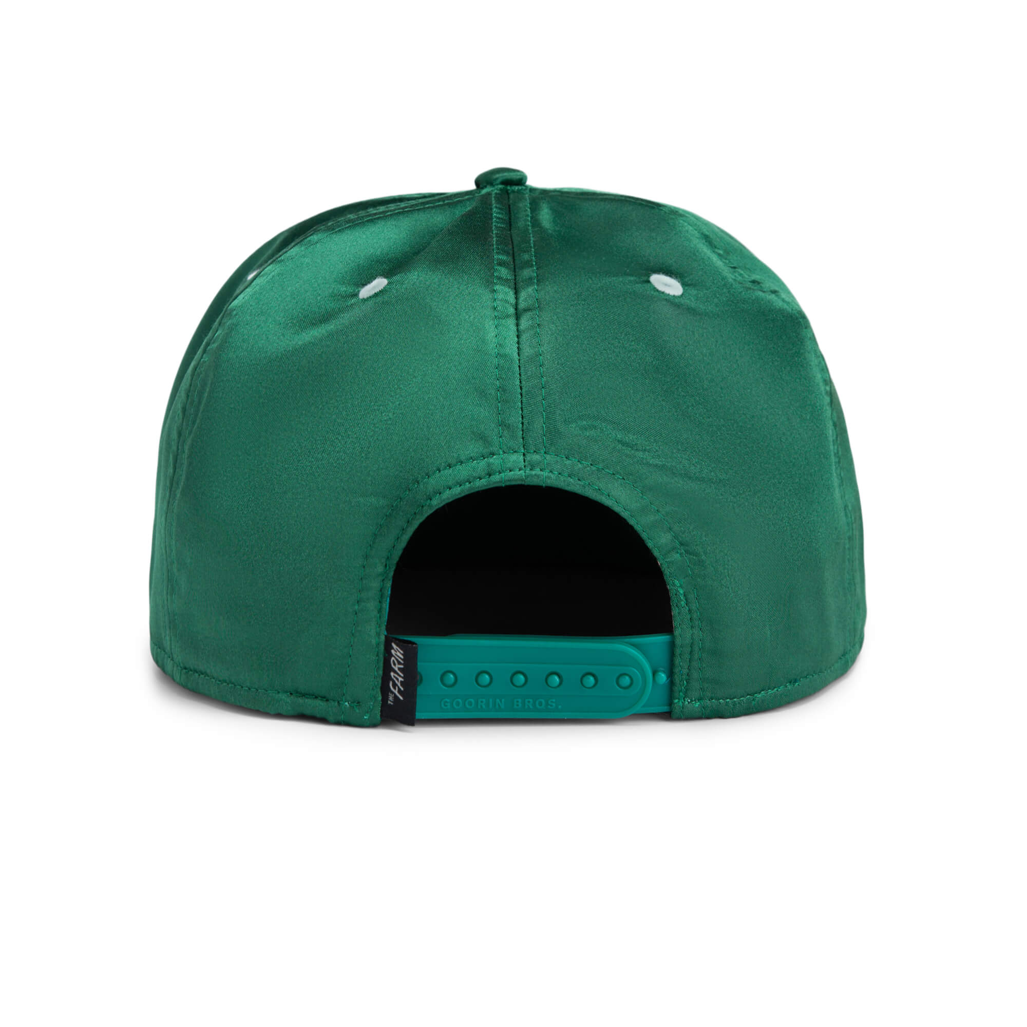 Back view of the Goorin Bros. Yolo green snapback cap displays its adjustable strap and a black tag on the left side—ideal for bringing island vibes to your next adventure.