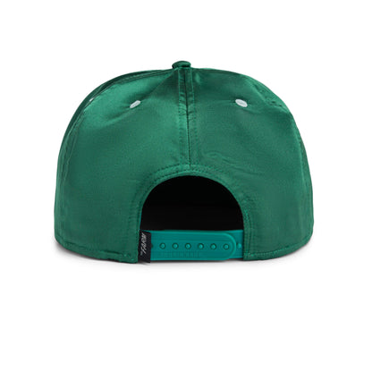 Back view of the Goorin Bros. Yolo green snapback cap displays its adjustable strap and a black tag on the left side—ideal for bringing island vibes to your next adventure.
