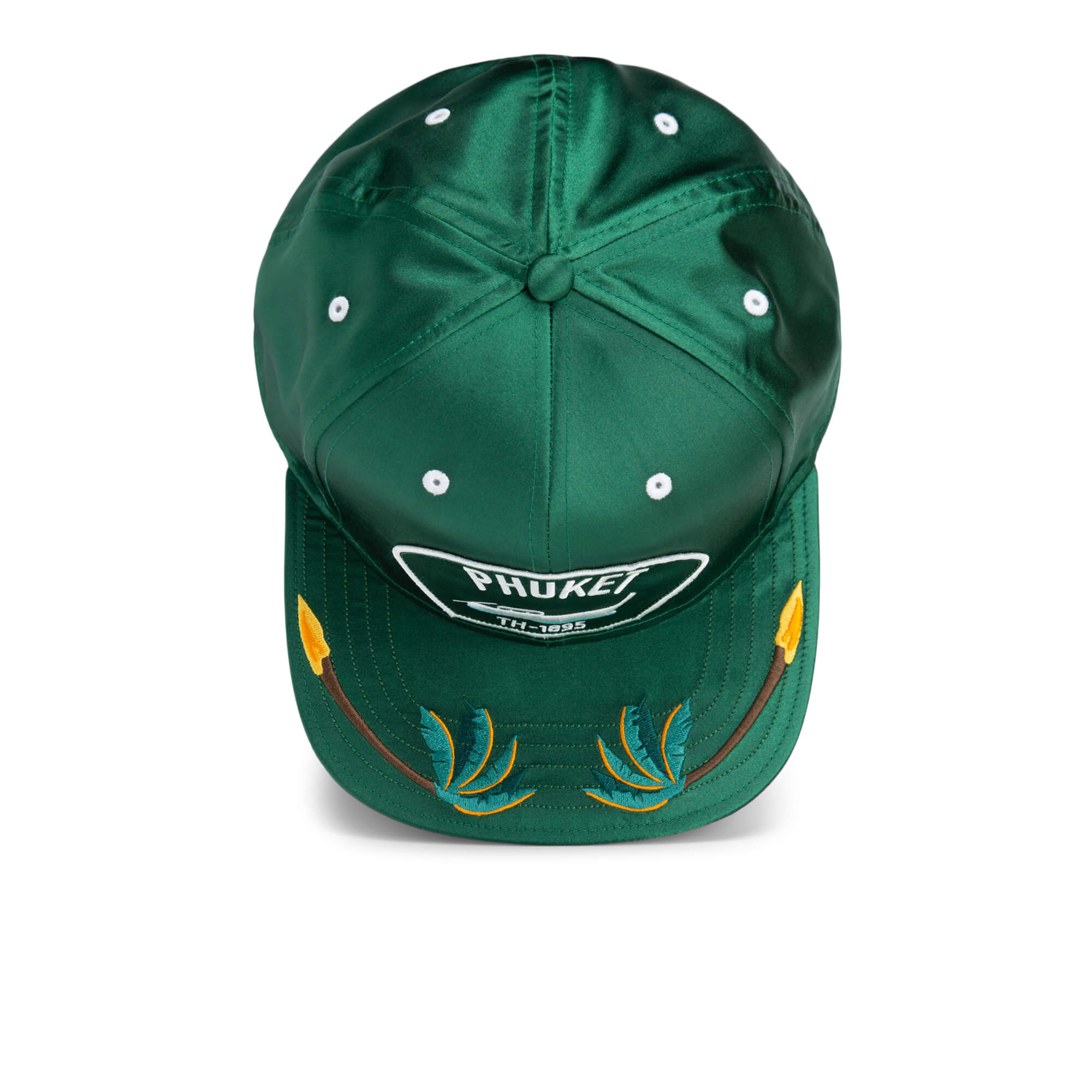 The Goorin Bros. Yolo is a green satin Phuket hat with white eyelets, a PHUKE patch on the front, and yellow-green embroidered brim—ideal for adding island vibes to any adventure.