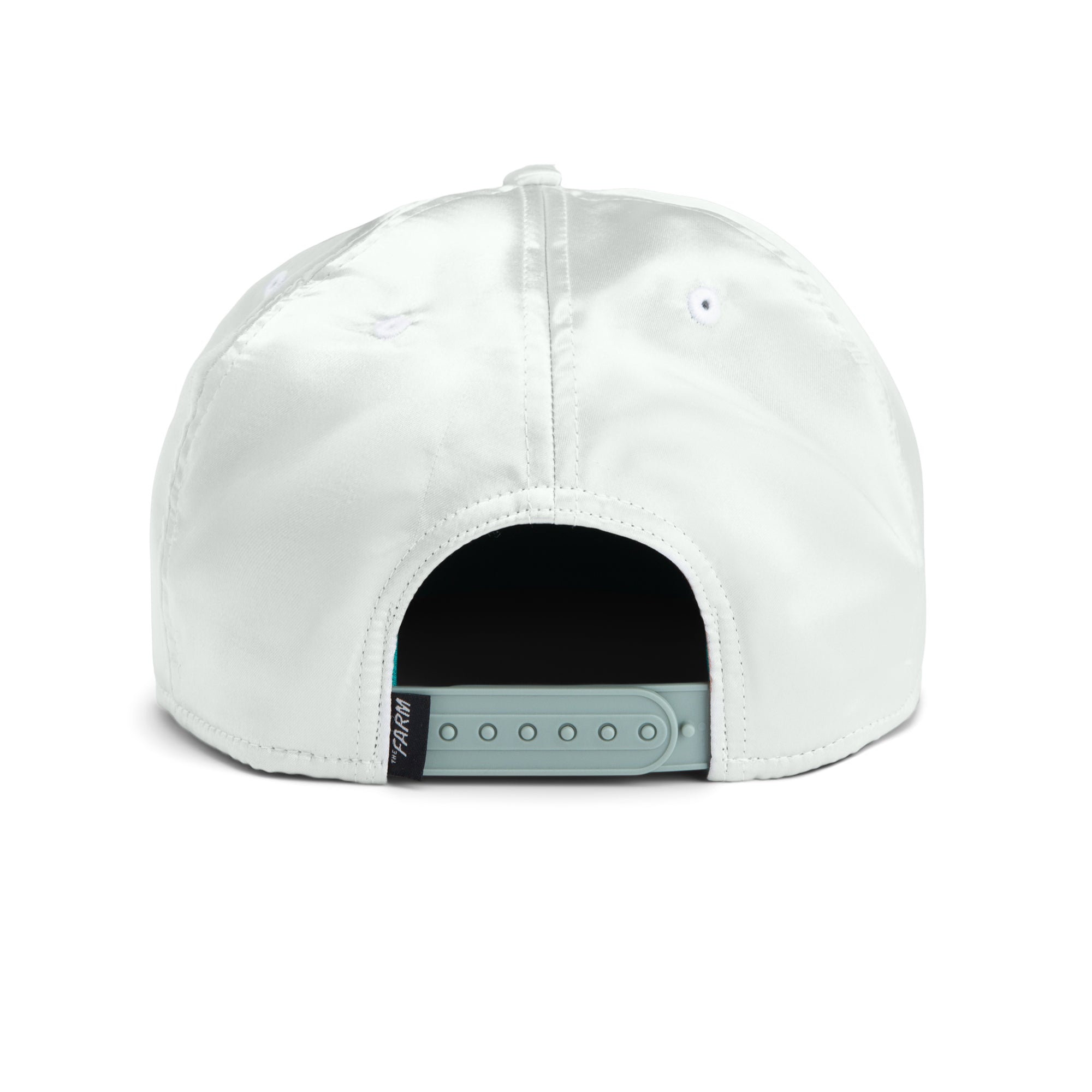 Back view of the Goorin Bros. Island Getaway white baseball cap with a light blue adjustable snapback, perfect for strolls along the Coney Island boardwalk.
