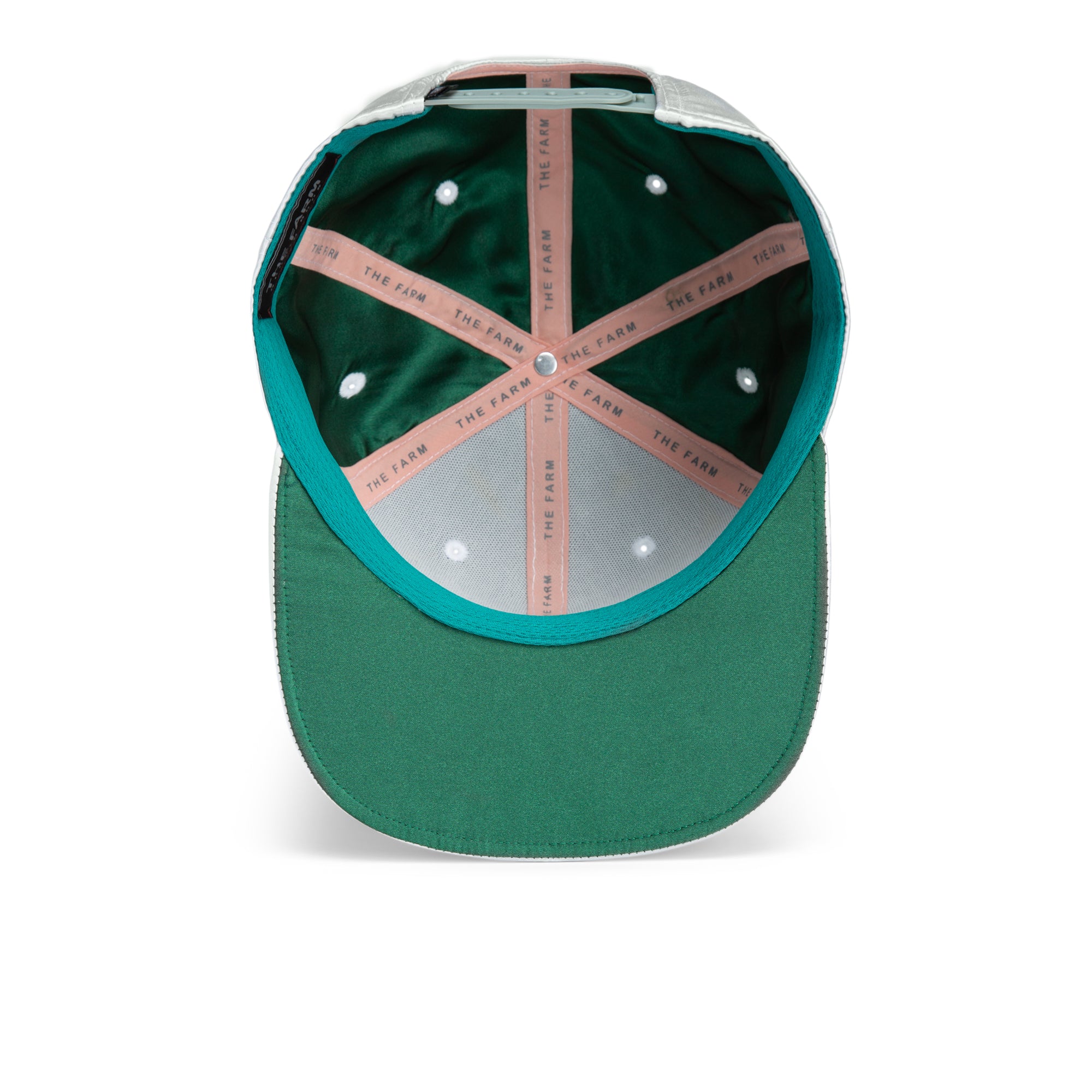 The image displays the inside view of the green Island Getaway cap by Goorin Bros., highlighting stitching, ventilation holes, and branded taping—ideal for sunny walks on the Coney Island boardwalk.