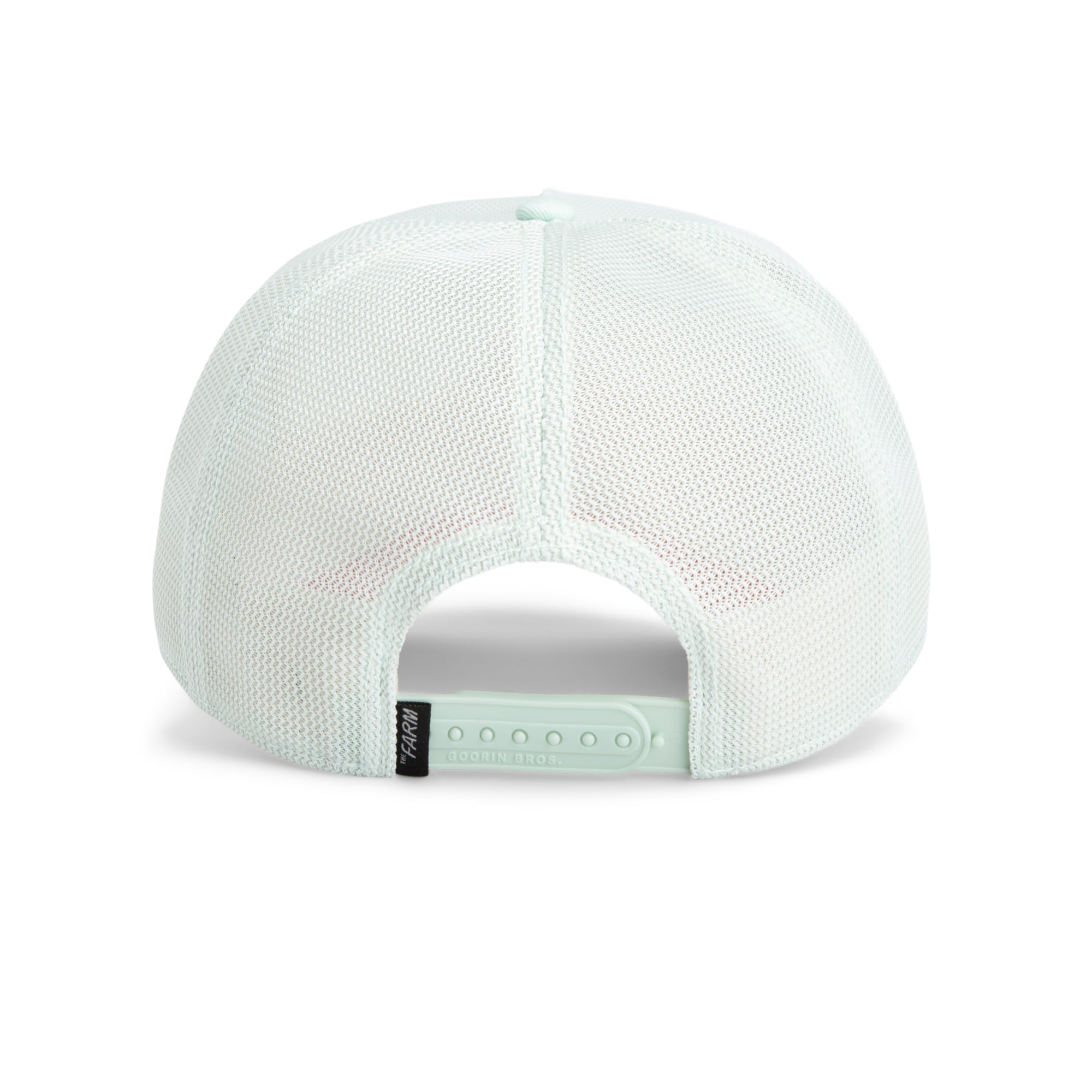 The Goorin Bros. "Pick Yours" cap is light-colored with embroidery, breathable mesh, an adjustable snapback closure shown from the back, and a small black tag on the left side.